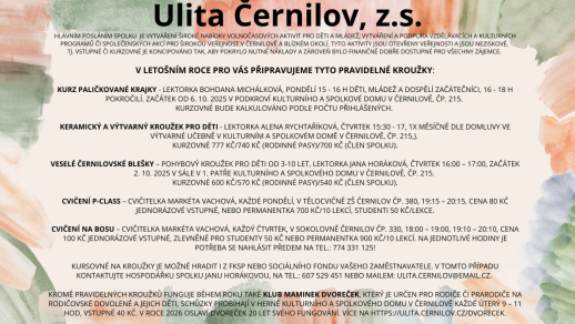 Kurzy a kroužky spolku Ulita Černilov ve školním roce 2025/2026